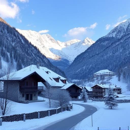 Paesaggio montano della Valle d'Aosta innevata, con chalet tipici