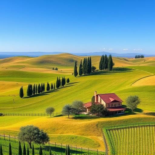Paesaggio tipico della Toscana: colline, cipressi e casolari