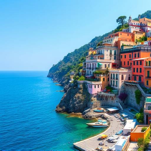 Veduta costiera della Costiera Amalfitana con case colorate e il mare blu