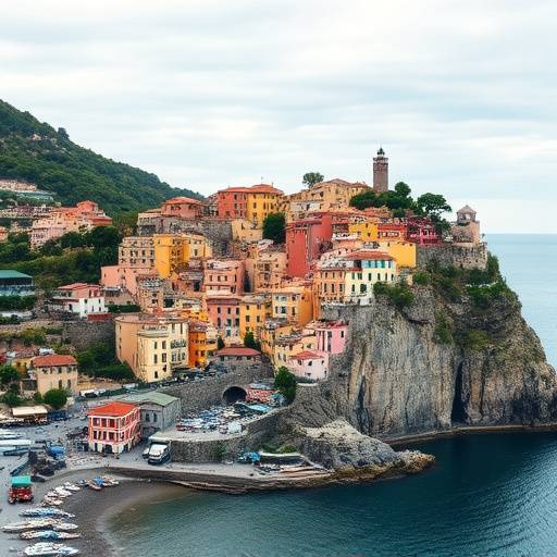 Vista panoramica della Liguria con case colorate a picco sul mare