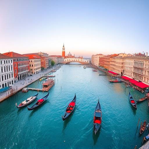 Vista panoramica di Venezia con gondole sul Canal Grande e il Ponte di Rialto